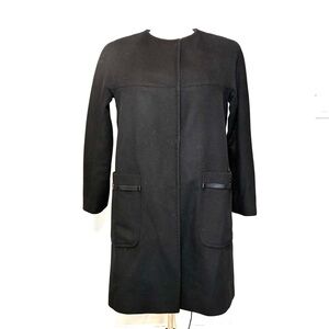 Wool Black Classic Trench Coat with Leather Accents